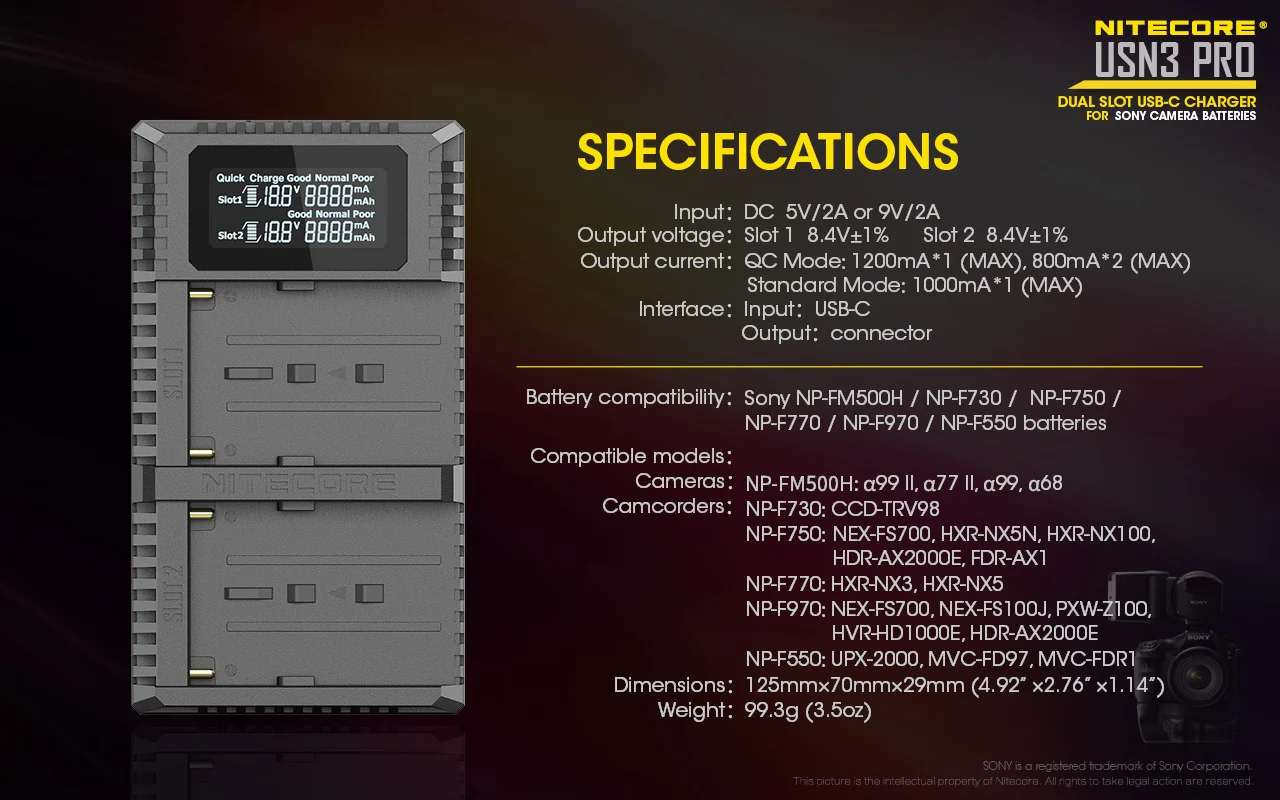 USN3 PRO (Sony NP-FM500H, NP-F730, NP-F750, NP-F770, NP-F970, NP-F550) Dual-Slot Battery Charger - Image 23